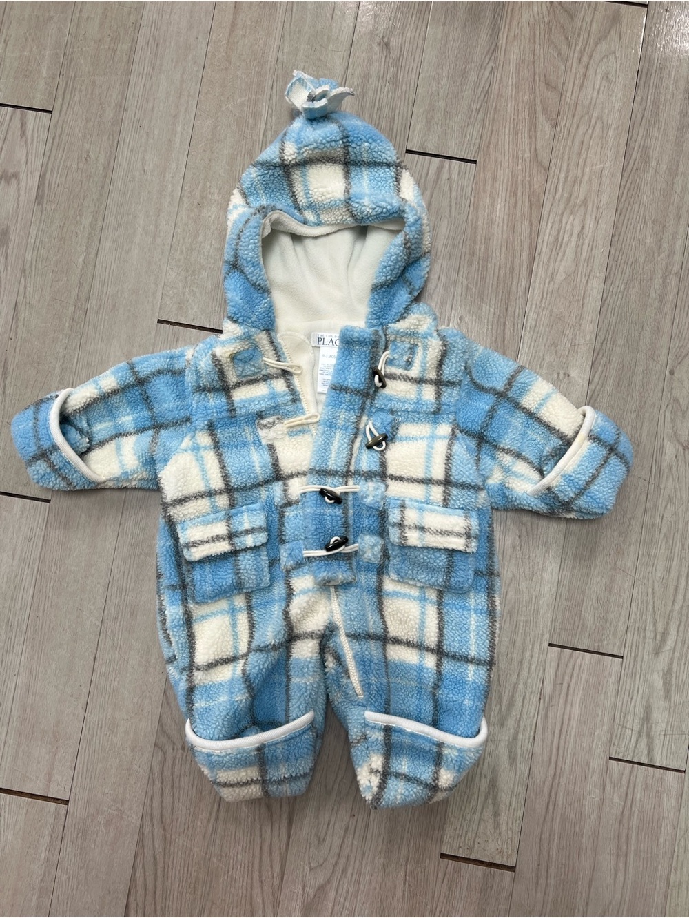 VTG The Children's Place Blue Plaid Hooded One-Piece Snowsuit Bunting